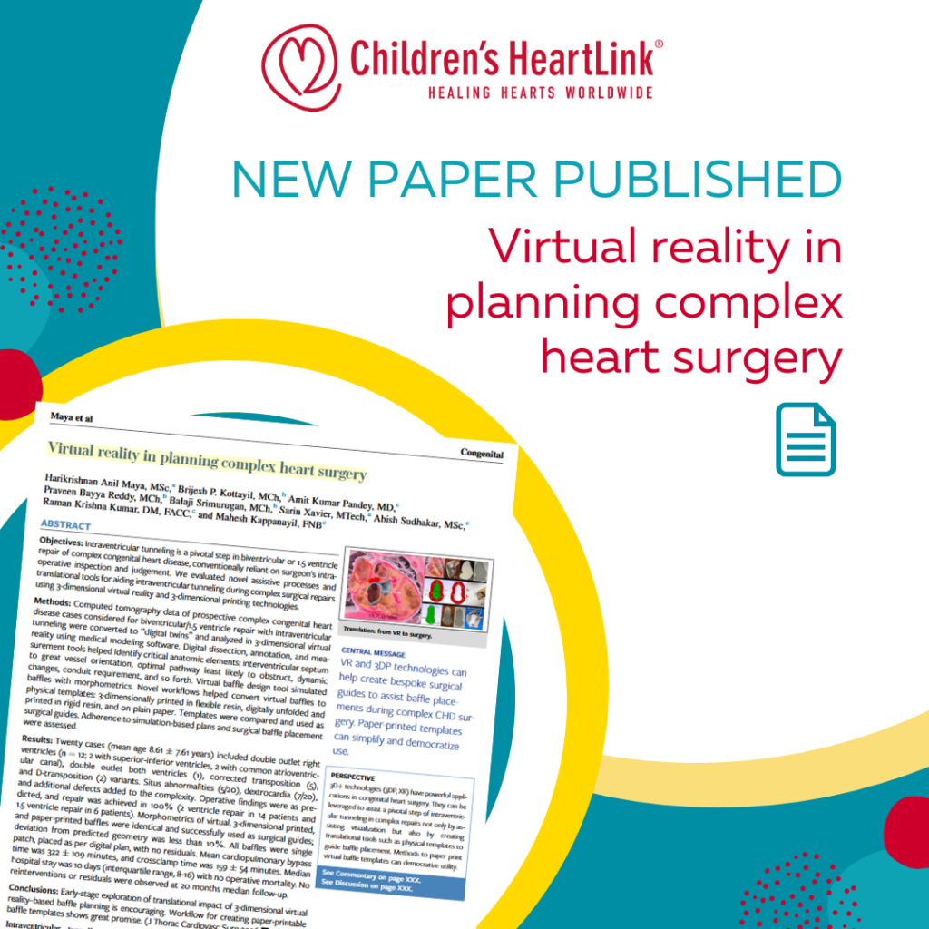 Screenshot of published paper with text "New paper published: Virtual reality in planning complex heart surgery."